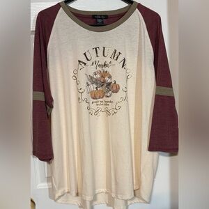 Sable Sky Autumn Pumpkin Graphic Raglan Top 3X Burgundy Cream